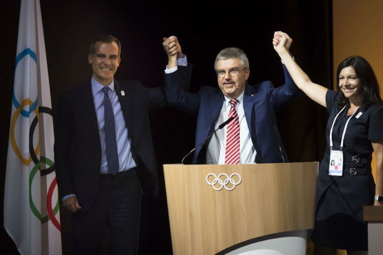 Anne Hidalgo, Eric Garcetti, Thomas Bach, Međunarodni olimpijski odbor