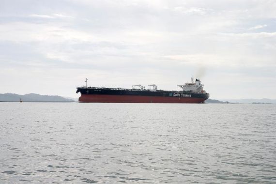 An oil tanker ship seen in Kyaukphyu river near Made island outside Kyaukphyu