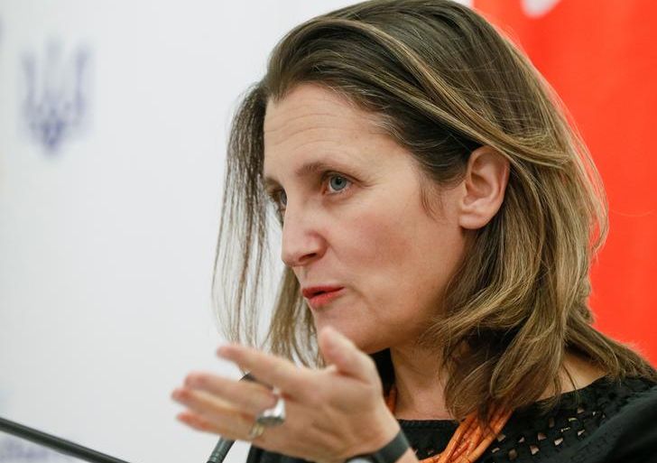 Canada's Foreign Minister Chrystia Freeland attends a news briefing in Kiev
